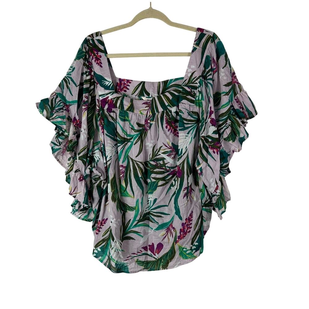 Terra & Sky Tropical Shirt Womens 3X Purple Green Ruffle Batwing Vacation